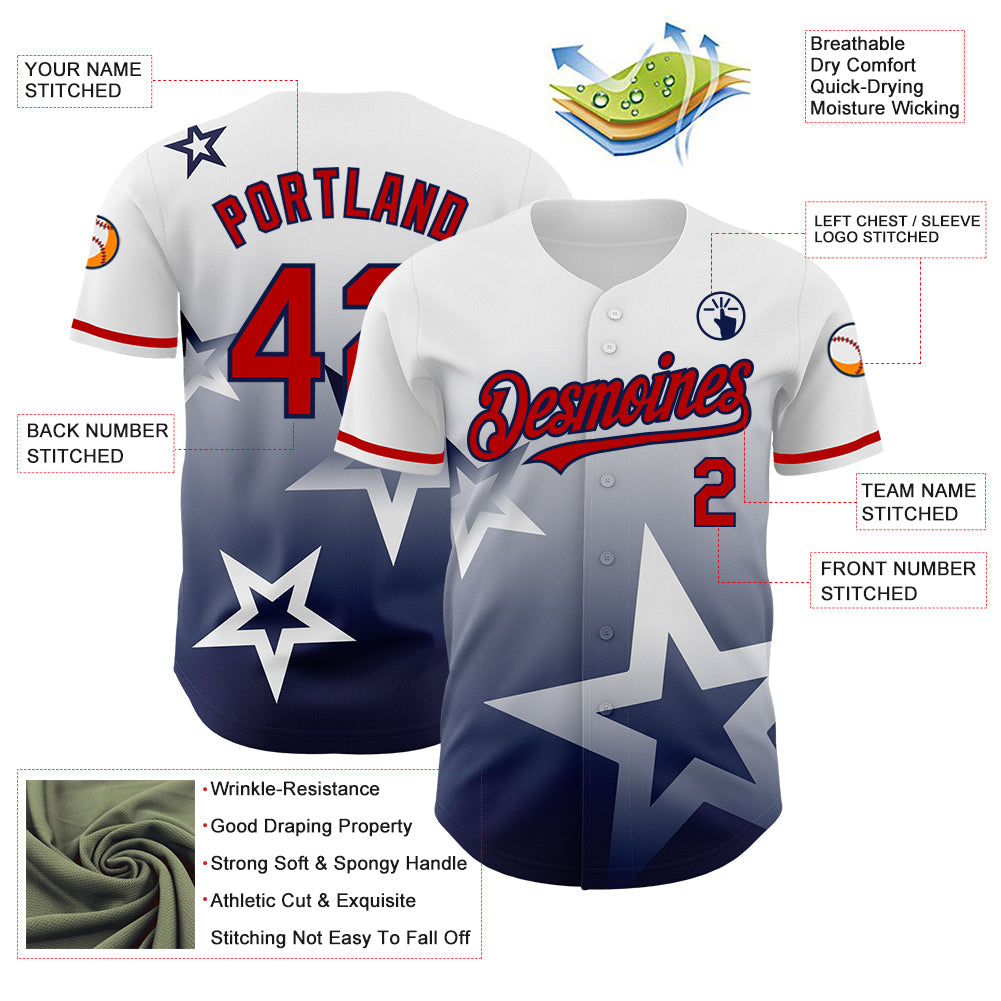 Custom White Red-Navy 3D Pattern Design Gradient Style Twinkle Star Authentic Baseball Jersey view 3