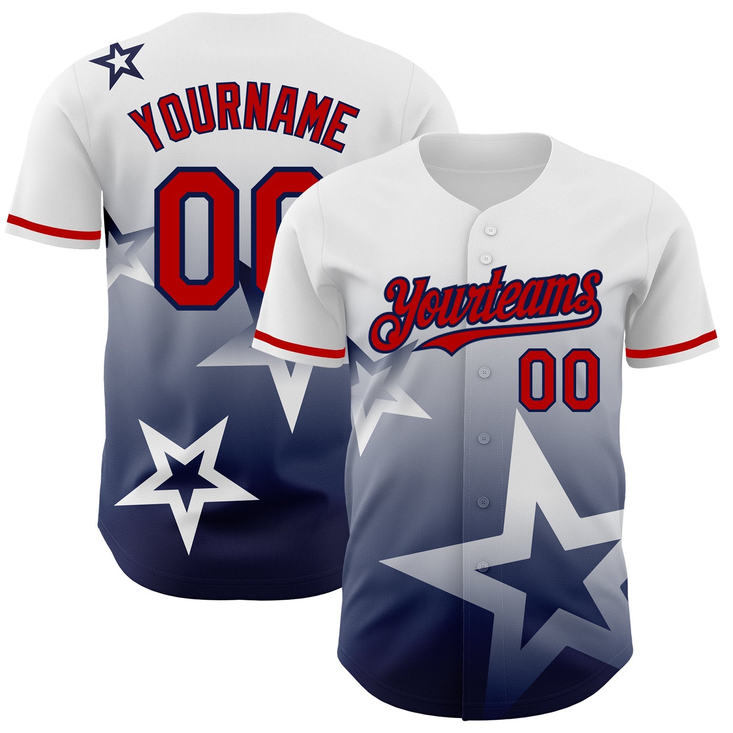 Custom White Red-Navy 3D Pattern Design Gradient Style Twinkle Star Authentic Baseball Jersey - Main View
