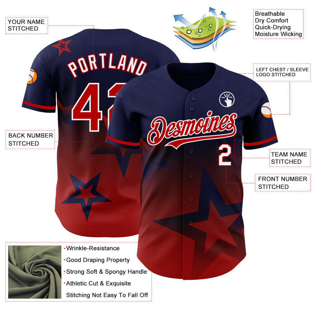 Custom Royal Red-White 3D Pattern Design Gradient Style Twinkle Star Authentic Baseball Jersey view 3