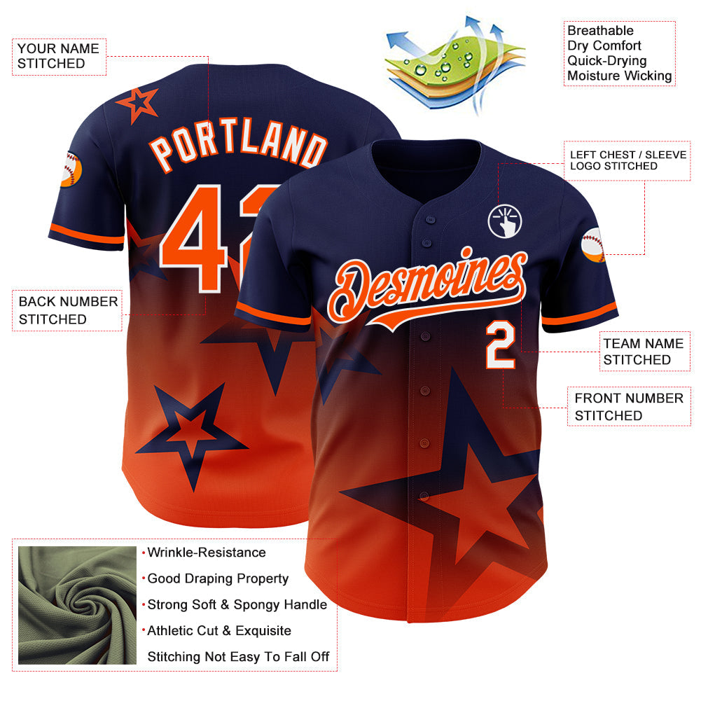 Custom Navy Orange-White 3D Pattern Design Gradient Style Twinkle Star Authentic Baseball Jersey view 3