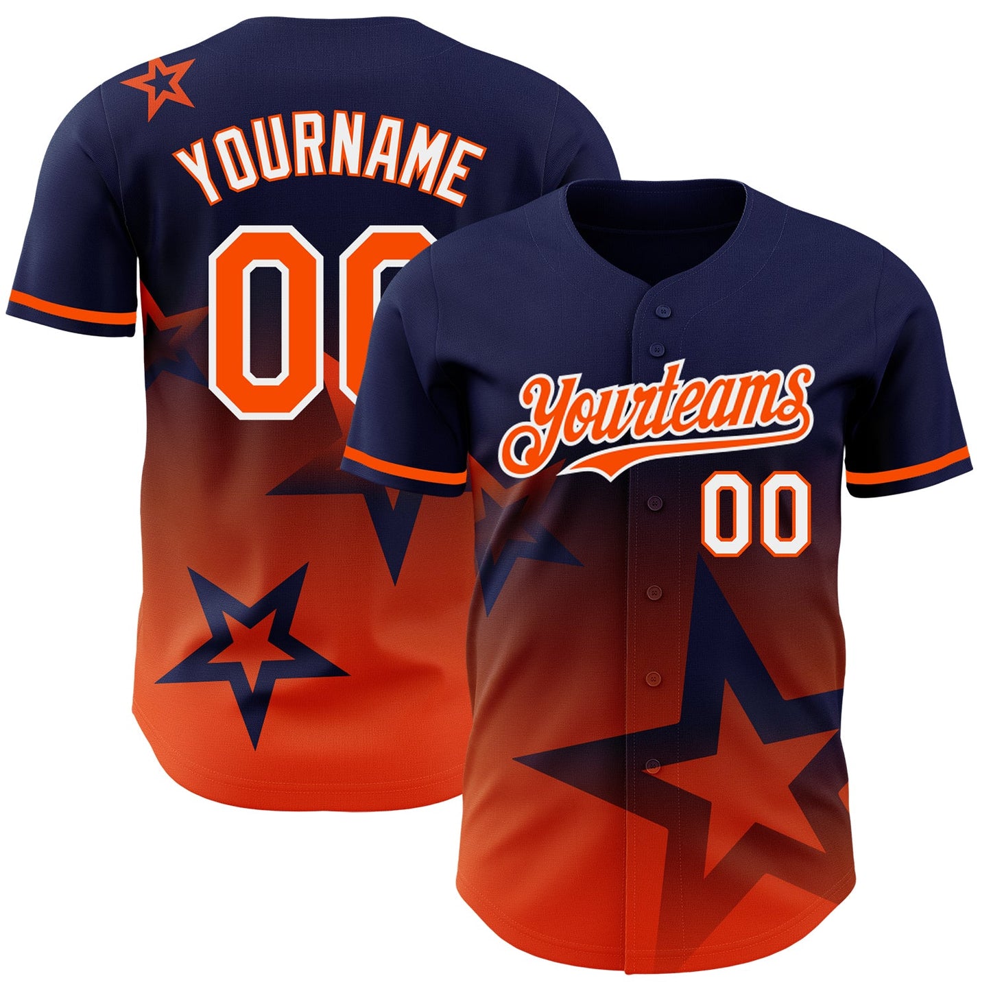 Custom Navy Orange-White 3D Pattern Design Gradient Style Twinkle Star Authentic Baseball Jersey - Main View