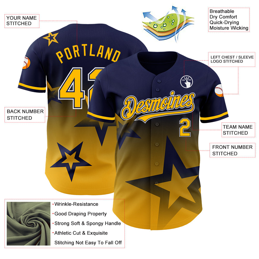 Custom Navy Gold-White 3D Pattern Design Gradient Style Twinkle Star Authentic Baseball Jersey view 3