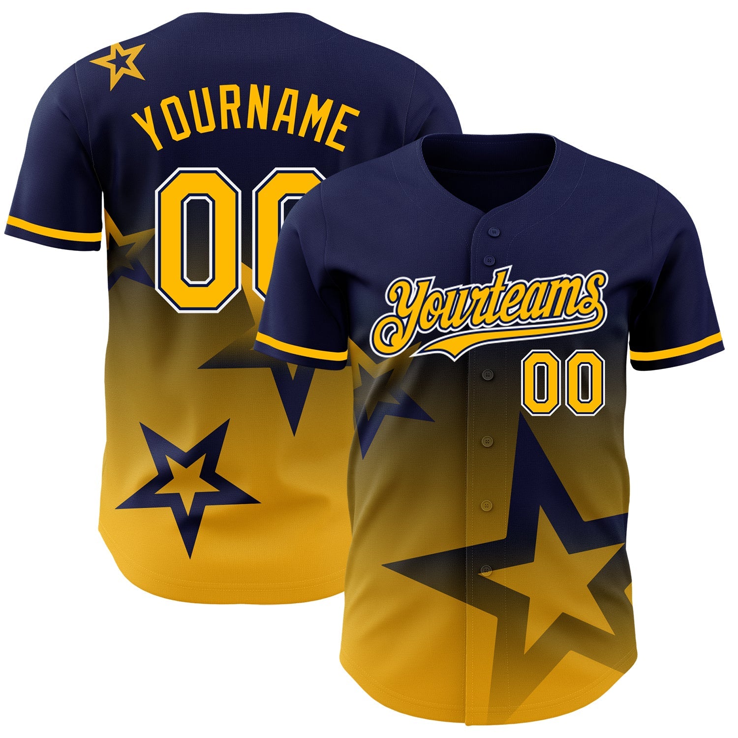 Custom Navy Gold-White 3D Pattern Design Gradient Style Twinkle Star Authentic Baseball Jersey - Main View
