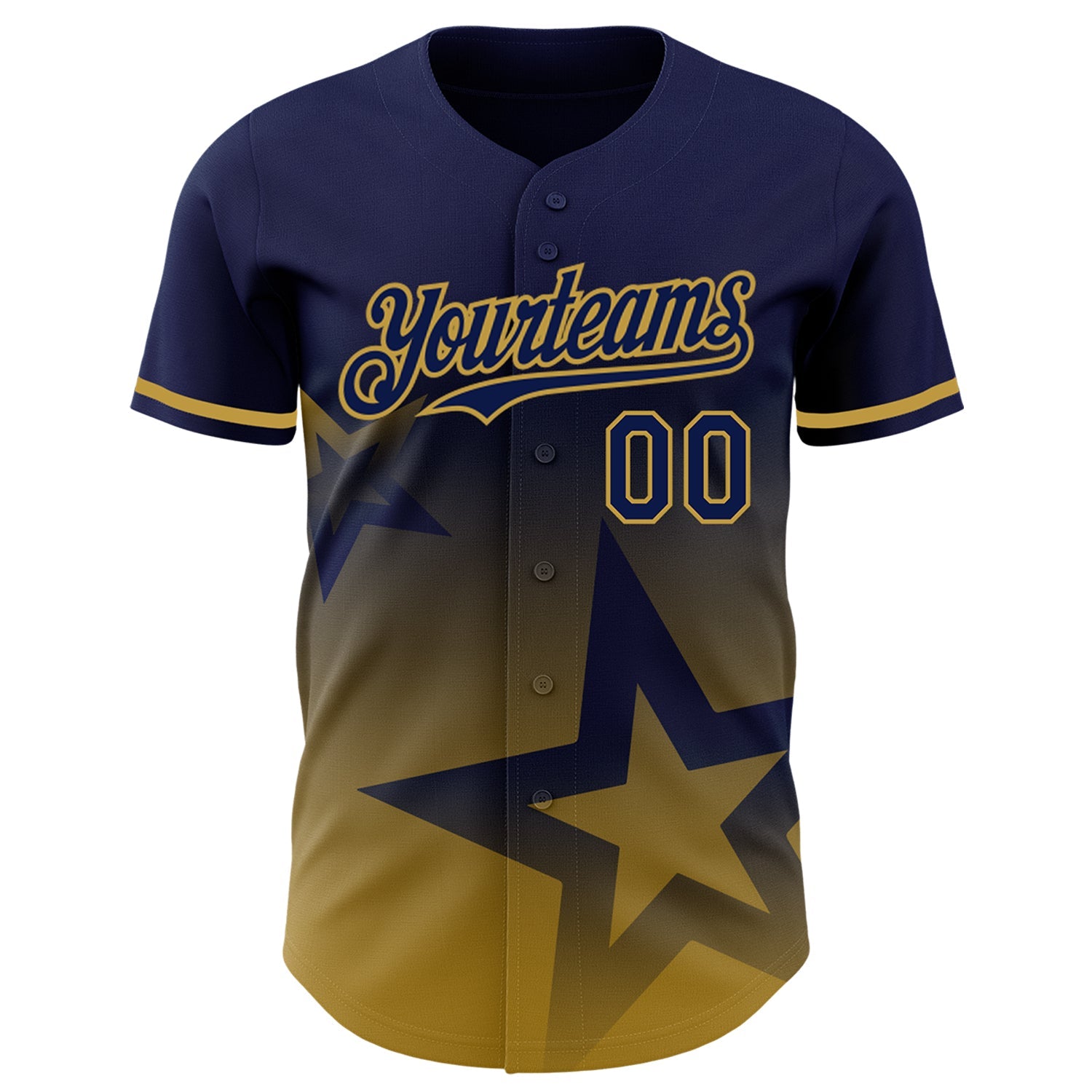Custom Navy Old Gold 3D Pattern Design Gradient Style Twinkle Star Authentic Baseball Jersey view 2