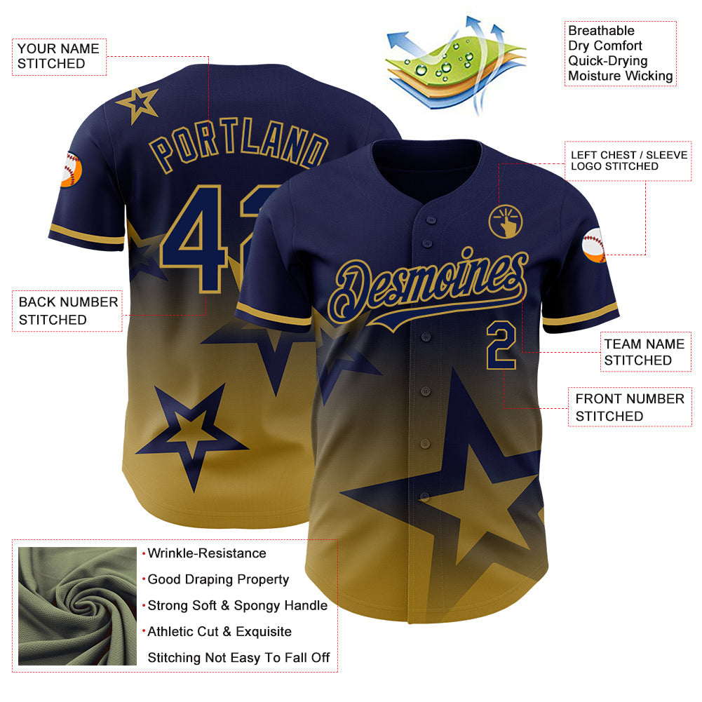 Custom Navy Old Gold 3D Pattern Design Gradient Style Twinkle Star Authentic Baseball Jersey view 3