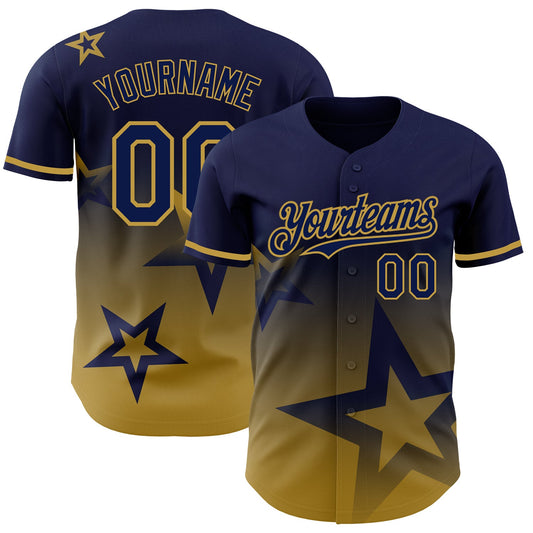 Custom Navy Old Gold 3D Pattern Design Gradient Style Twinkle Star Authentic Baseball Jersey - Main View