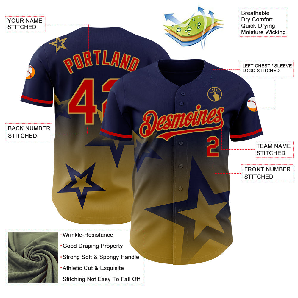 Custom Navy Red-Old Gold 3D Pattern Design Gradient Style Twinkle Star Authentic Baseball Jersey view 3