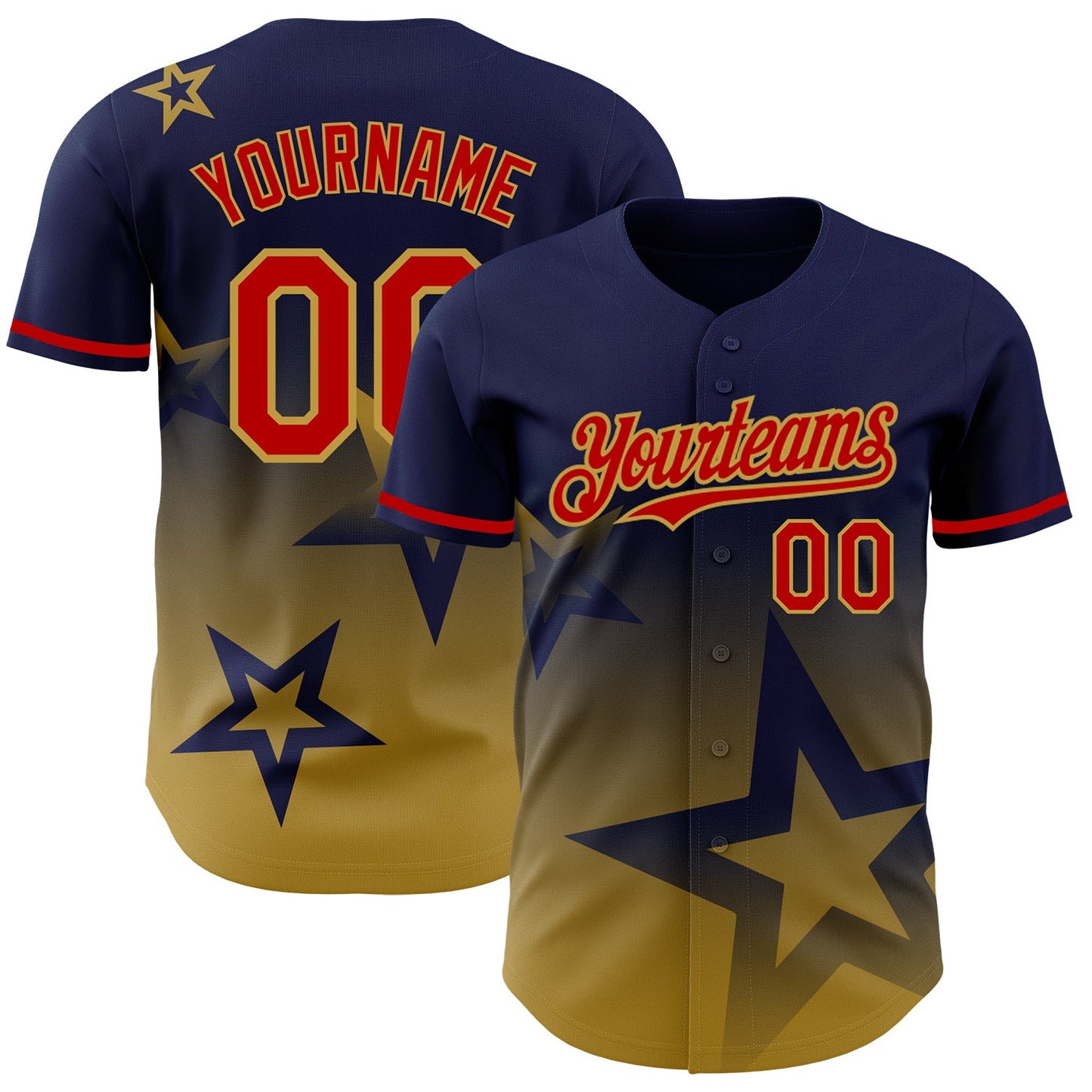Custom Navy Red-Old Gold 3D Pattern Design Gradient Style Twinkle Star Authentic Baseball Jersey - Main View