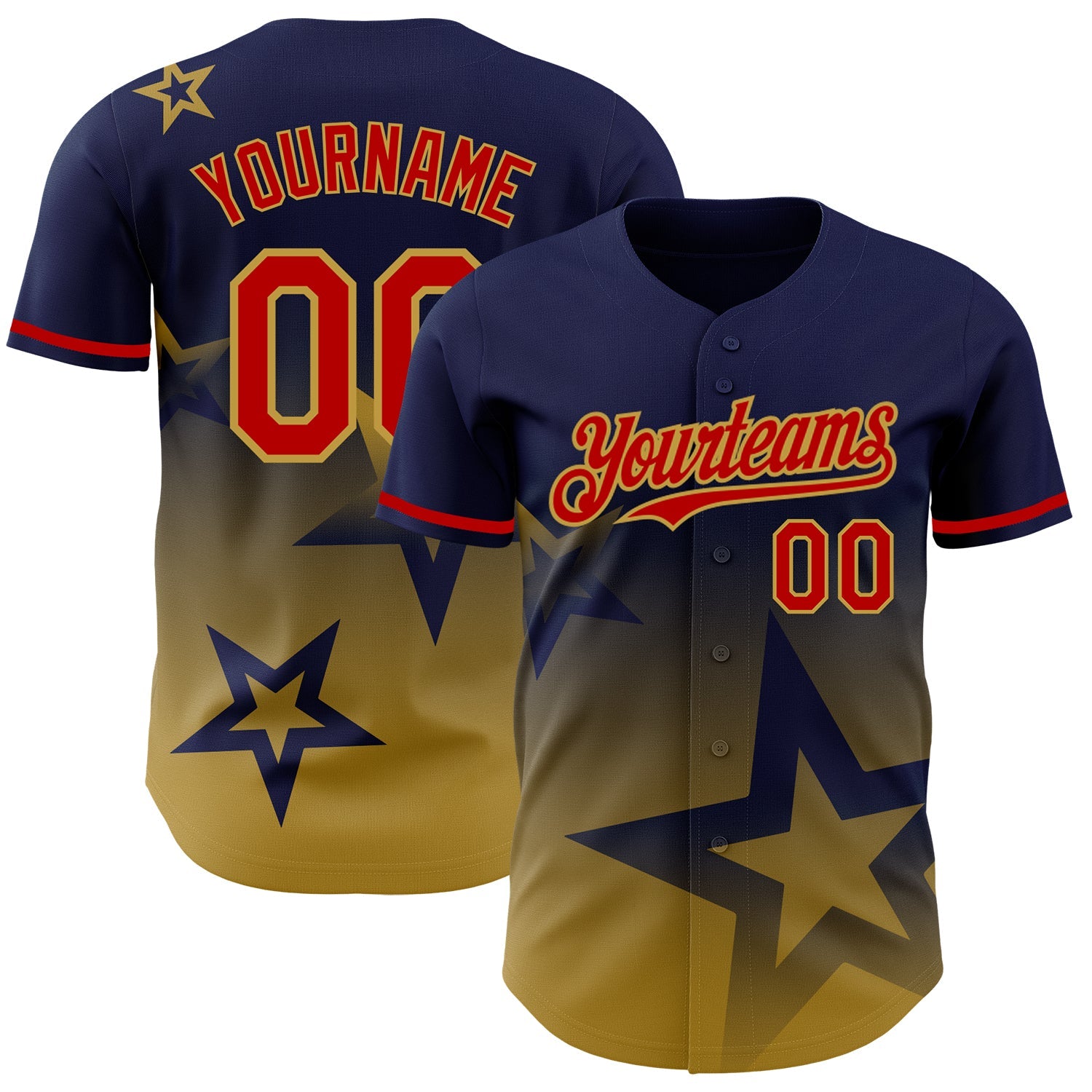 Custom Navy Red-Old Gold 3D Pattern Design Gradient Style Twinkle Star Authentic Baseball Jersey - Main View