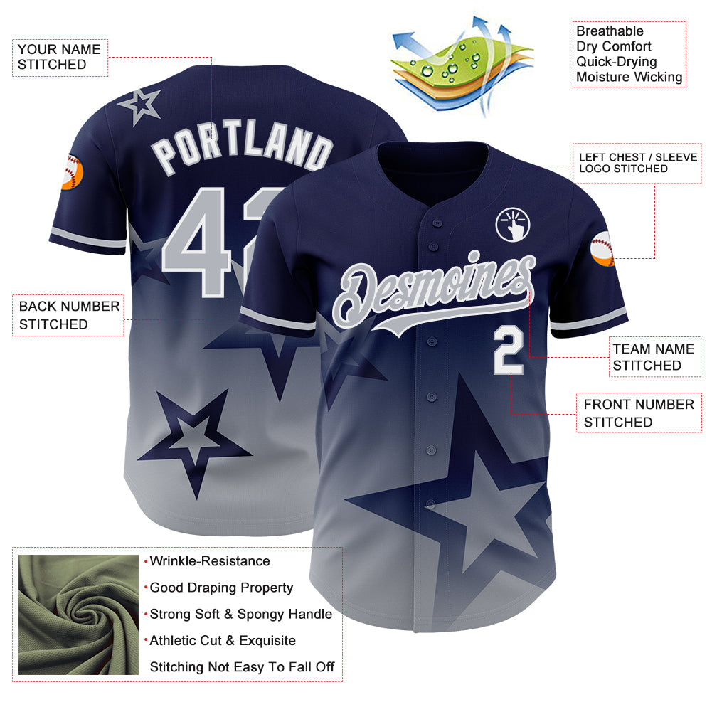Custom Navy Gray-White 3D Pattern Design Gradient Style Twinkle Star Authentic Baseball Jersey view 3