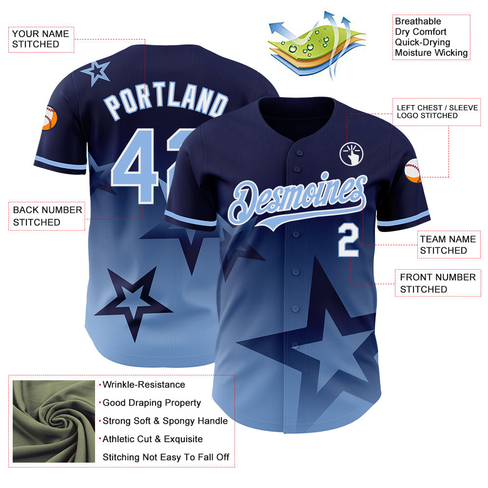 Custom Navy Light Blue-White 3D Pattern Design Gradient Style Twinkle Star Authentic Baseball Jersey view 3