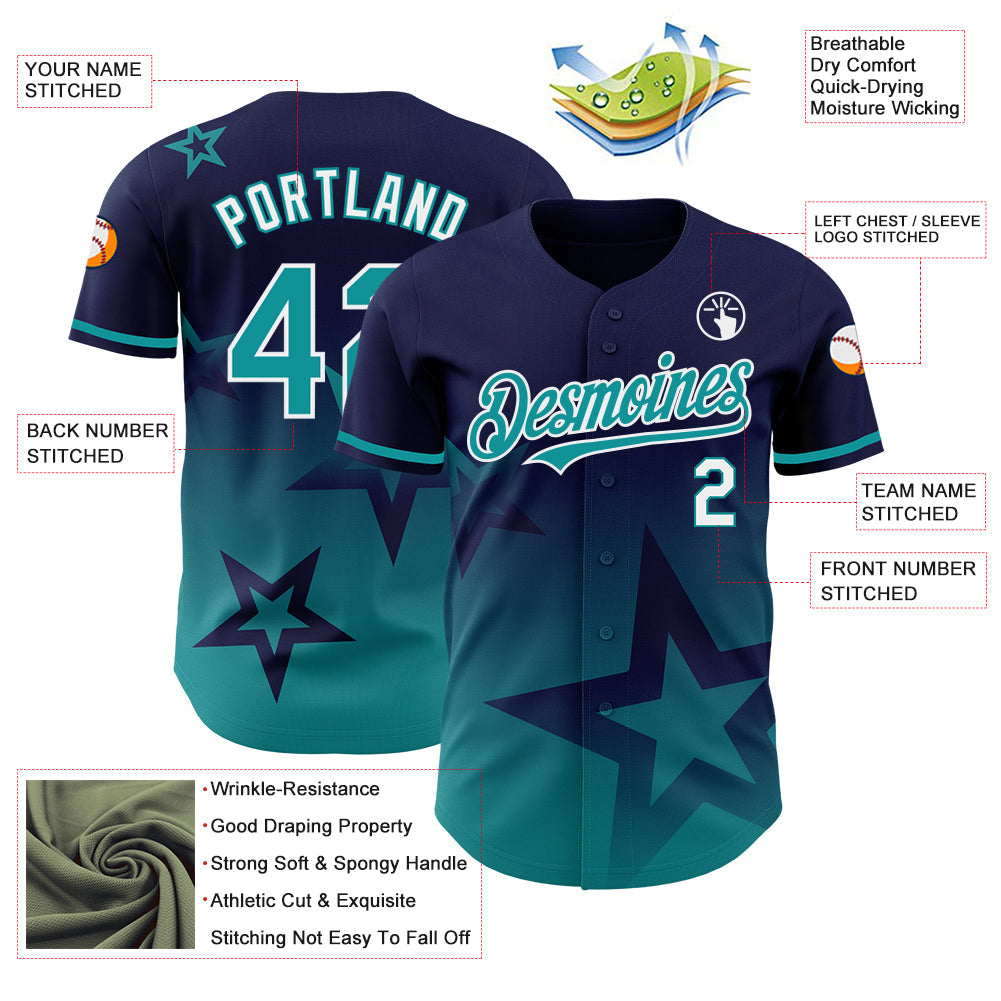 Custom Navy Teal-White 3D Pattern Design Gradient Style Twinkle Star Authentic Baseball Jersey view 3