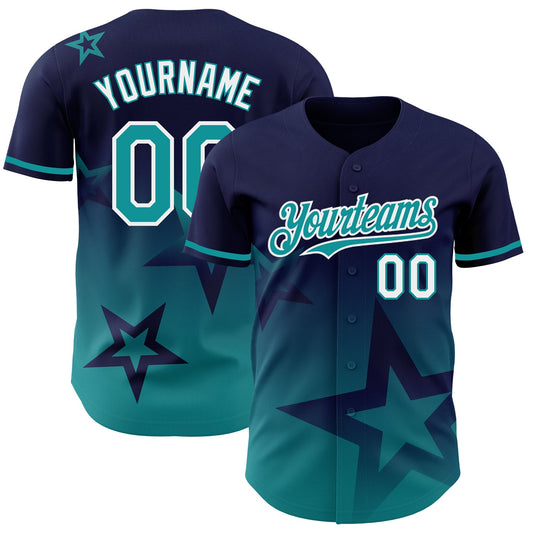 Custom Navy Teal-White 3D Pattern Design Gradient Style Twinkle Star Authentic Baseball Jersey - Main View