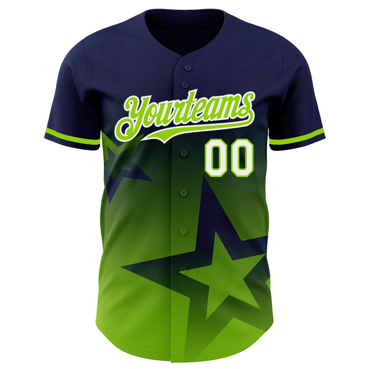 Custom Navy Neon Green-White 3D Pattern Design Gradient Style Twinkle Star Authentic Baseball Jersey view 2