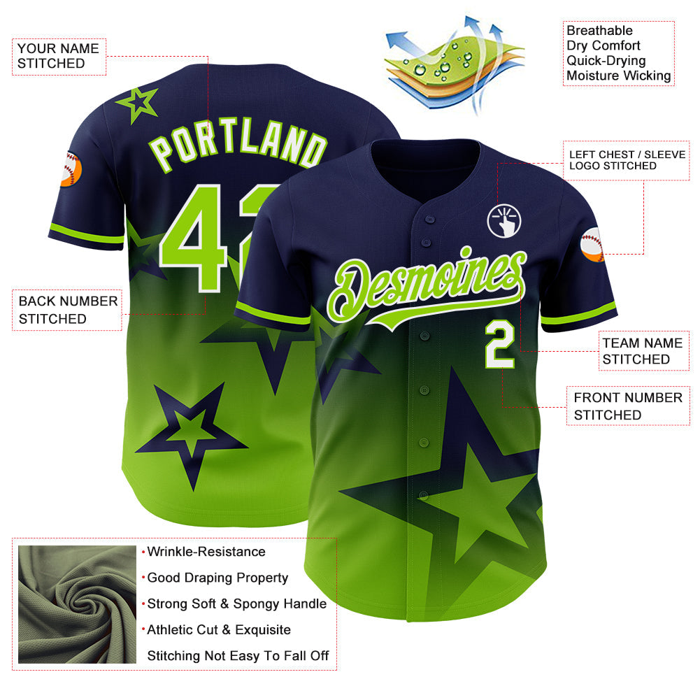 Custom Navy Neon Green-White 3D Pattern Design Gradient Style Twinkle Star Authentic Baseball Jersey view 3