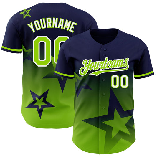 Custom Navy Neon Green-White 3D Pattern Design Gradient Style Twinkle Star Authentic Baseball Jersey - Main View