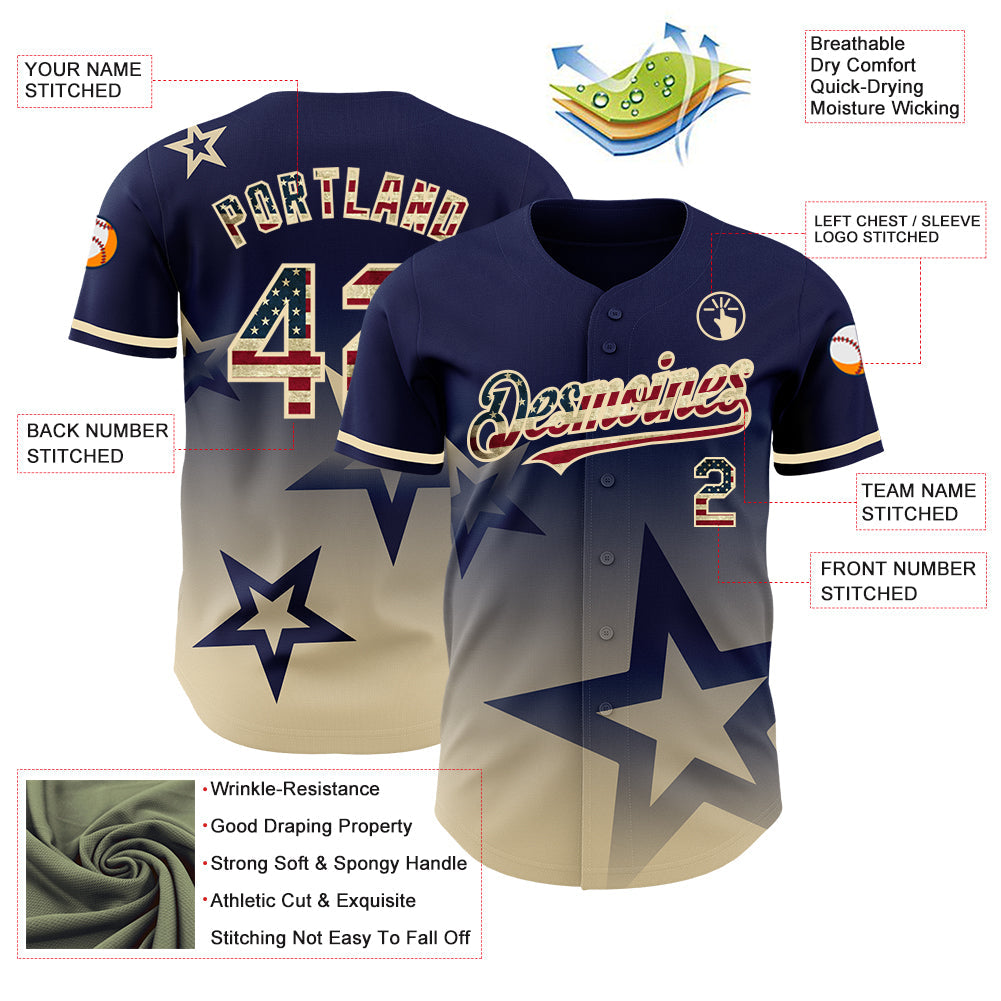 Custom Navy Vintage USA Flag-Cream 3D Pattern Design Gradient Style Twinkle Star Authentic Baseball Jersey view 3