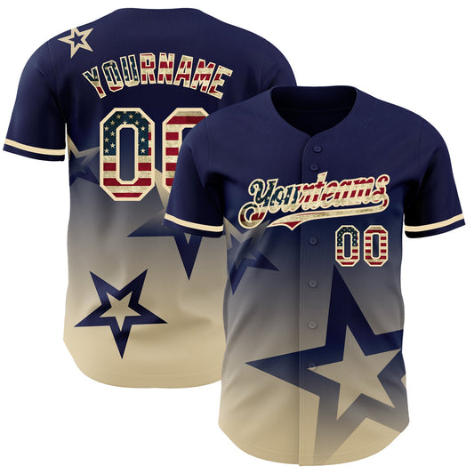 Custom Navy Vintage USA Flag-Cream 3D Pattern Design Gradient Style Twinkle Star Authentic Baseball Jersey - Main View