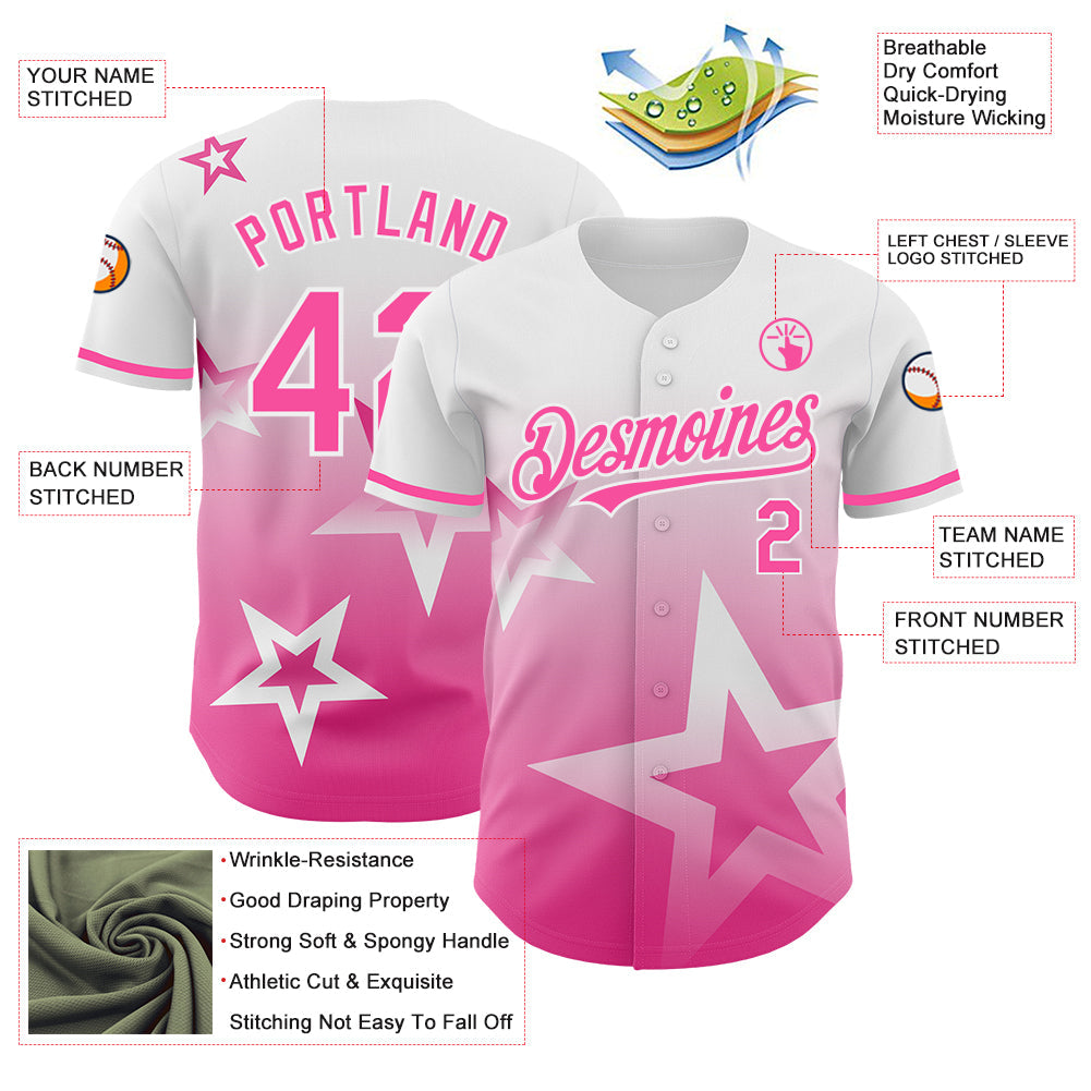 Custom White Pink 3D Pattern Design Gradient Style Twinkle Star Authentic Baseball Jersey view 4