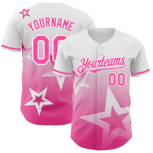 Custom White Pink 3D Pattern Design Gradient Style Twinkle Star Authentic Baseball Jersey - Main View