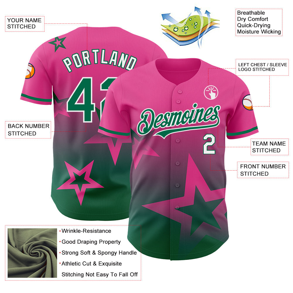 Custom Pink Kelly Green-White 3D Pattern Design Gradient Style Twinkle Star Authentic Baseball Jersey view 3