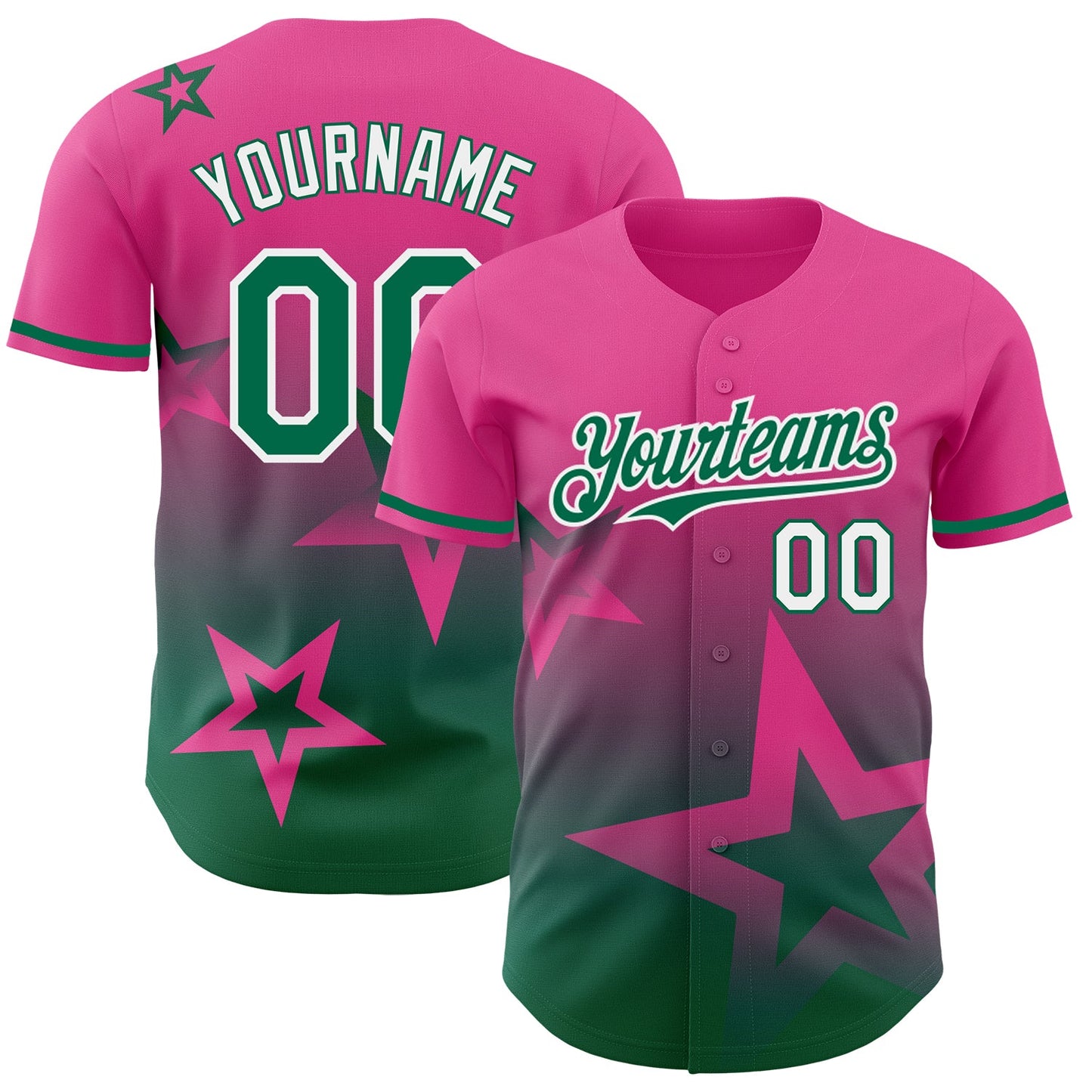Custom Pink Kelly Green-White 3D Pattern Design Gradient Style Twinkle Star Authentic Baseball Jersey - Main View