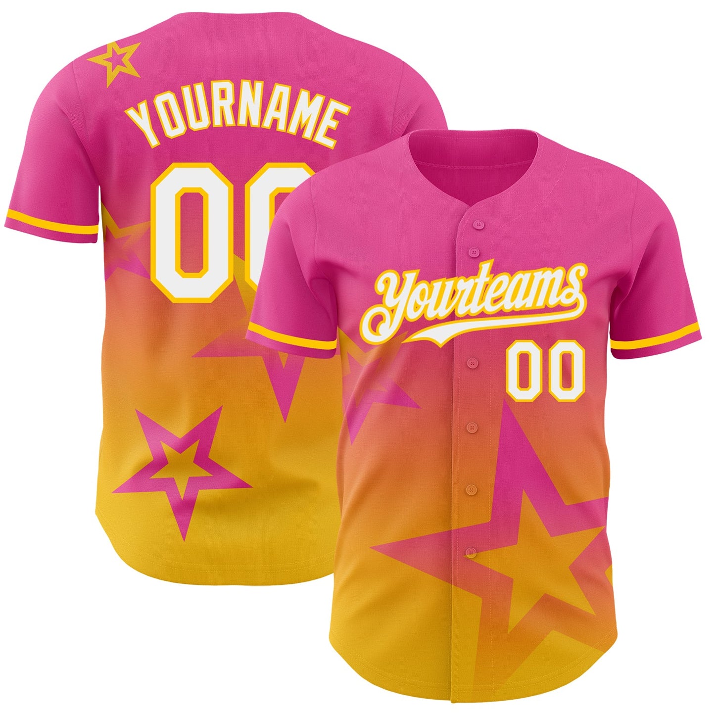 Custom Pink White-Yellow 3D Pattern Design Gradient Style Twinkle Star Authentic Baseball Jersey - Main View