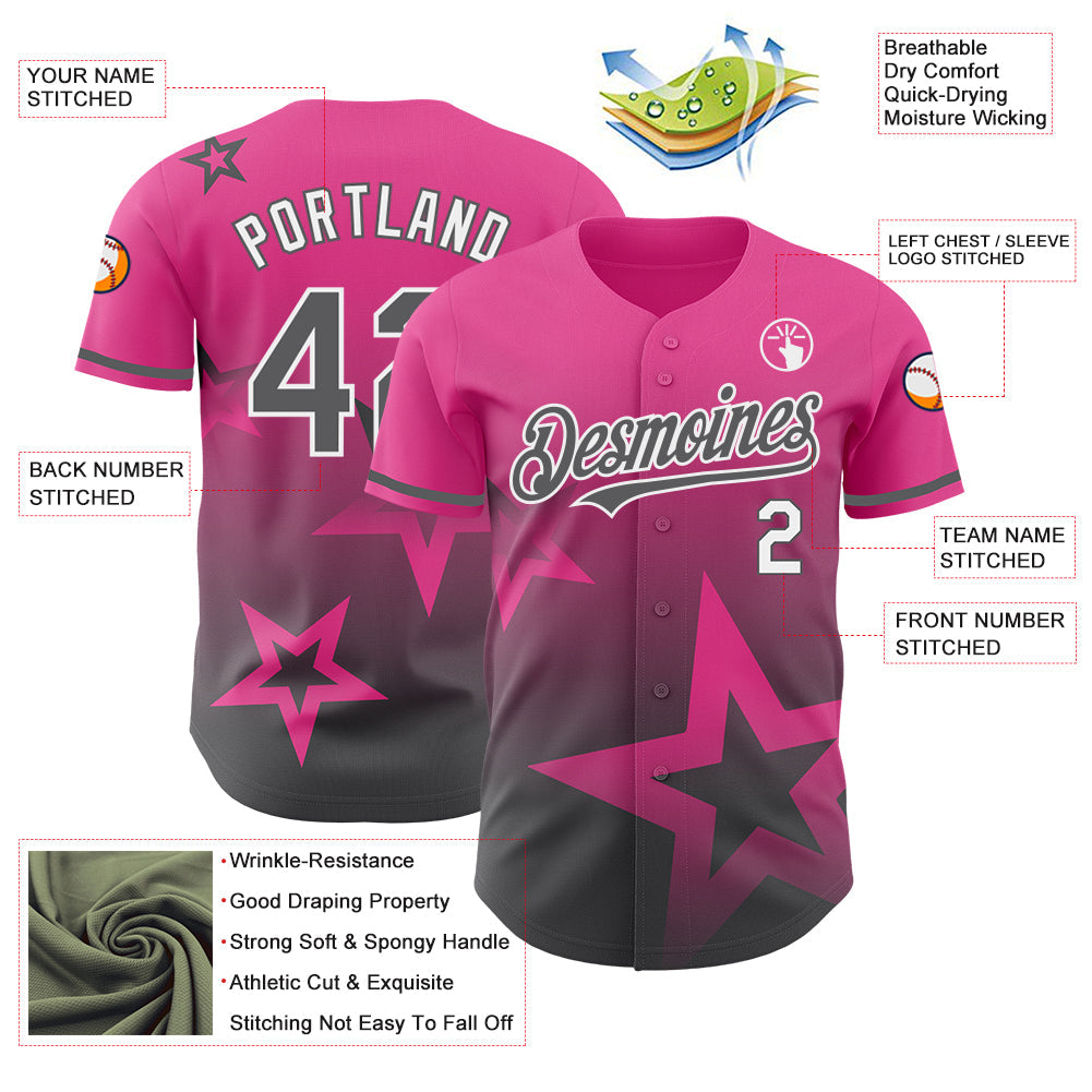 Custom Pink Steel Gray-White 3D Pattern Design Gradient Style Twinkle Star Authentic Baseball Jersey view 3