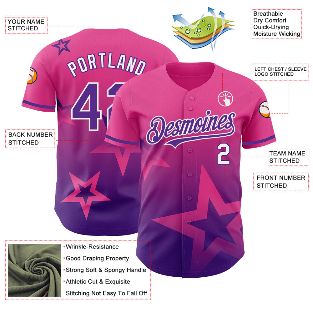 Custom Pink Purple-White 3D Pattern Design Gradient Style Twinkle Star Authentic Baseball Jersey view 3
