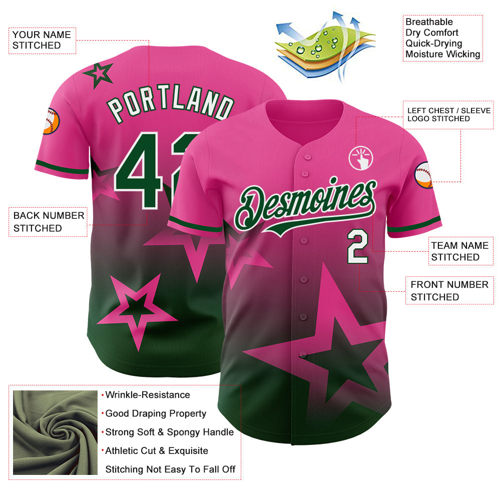Custom Pink Green-White 3D Pattern Design Gradient Style Twinkle Star Authentic Baseball Jersey view 3