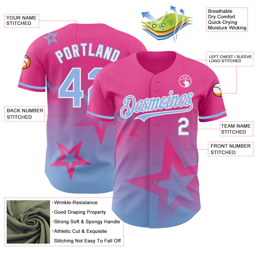 Custom Pink Light Blue-White 3D Pattern Design Gradient Style Twinkle Star Authentic Baseball Jersey view 3