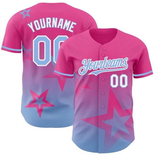 Custom Pink Light Blue-White 3D Pattern Design Gradient Style Twinkle Star Authentic Baseball Jersey - Main View