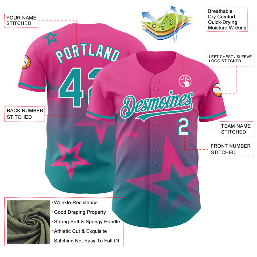Custom Pink Teal-White 3D Pattern Design Gradient Style Twinkle Star Authentic Baseball Jersey view 3