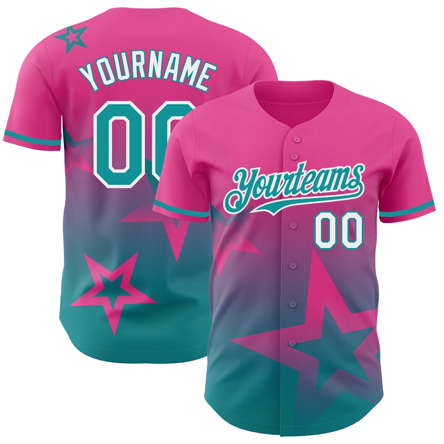 Custom Pink Teal-White 3D Pattern Design Gradient Style Twinkle Star Authentic Baseball Jersey - Main View