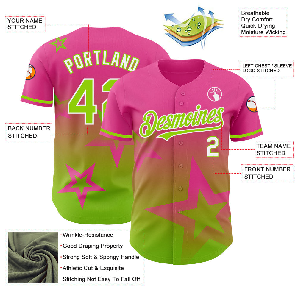Custom Pink Neon Green-White 3D Pattern Design Gradient Style Twinkle Star Authentic Baseball Jersey view 3