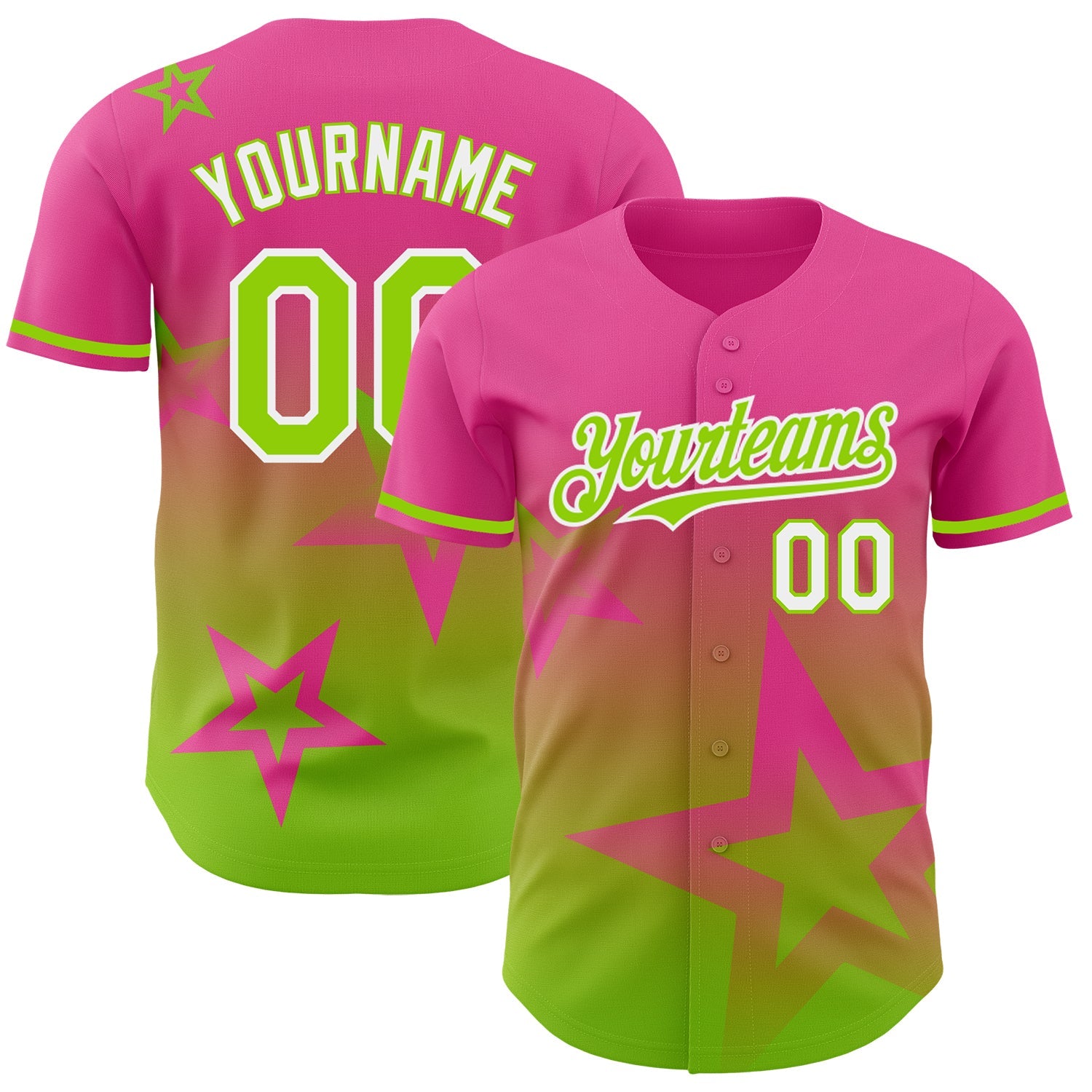 Custom Pink Neon Green-White 3D Pattern Design Gradient Style Twinkle Star Authentic Baseball Jersey - Main View