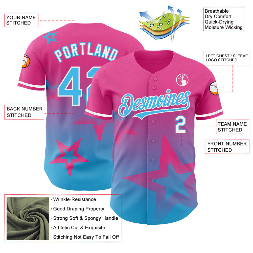 Custom Pink Sky Blue-White 3D Pattern Design Gradient Style Twinkle Star Authentic Baseball Jersey view 3