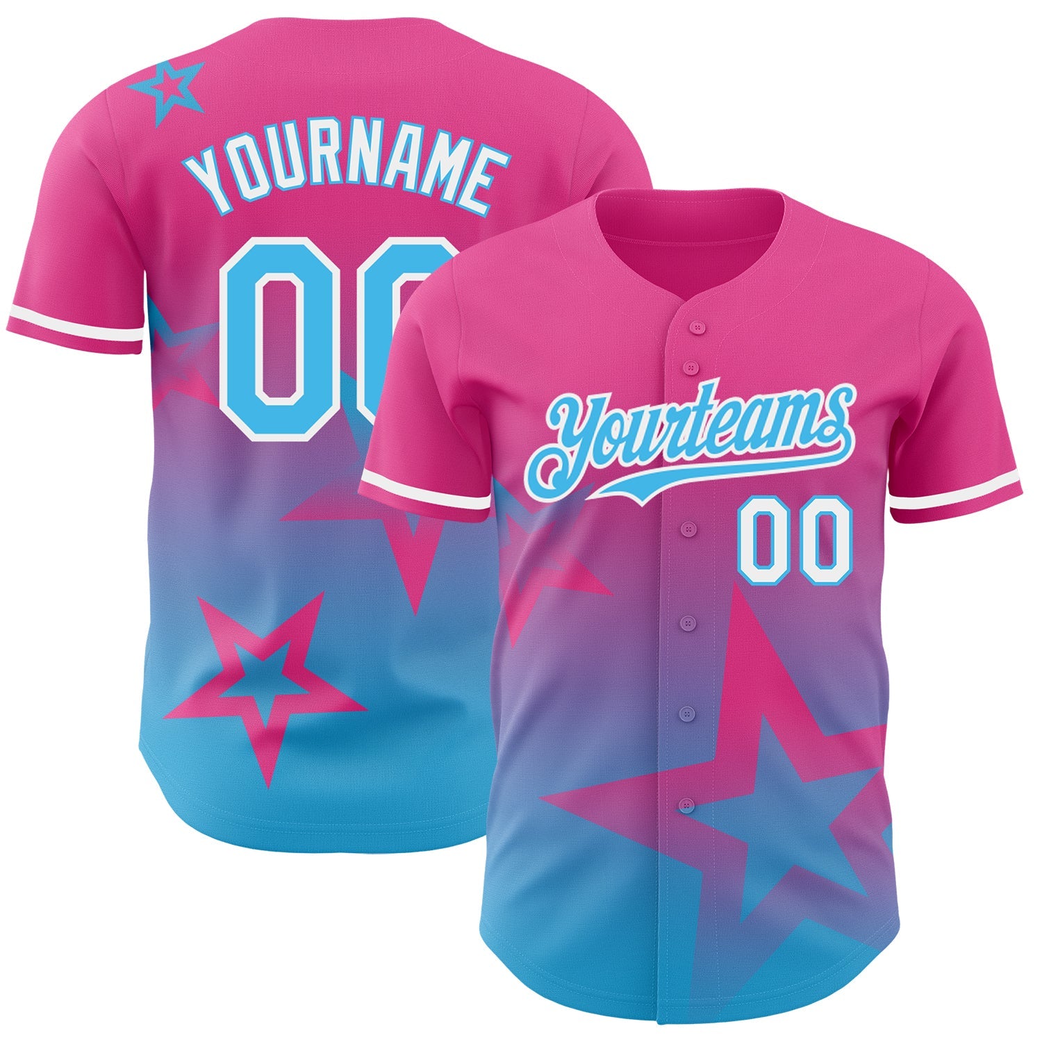 Custom Pink Sky Blue-White 3D Pattern Design Gradient Style Twinkle Star Authentic Baseball Jersey - Main View