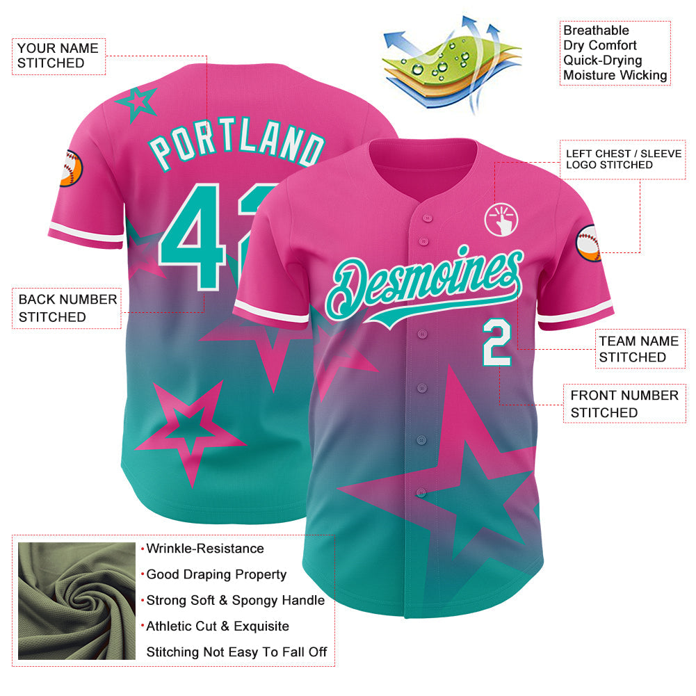 Custom Pink Aqua-White 3D Pattern Design Gradient Style Twinkle Star Authentic Baseball Jersey view 3