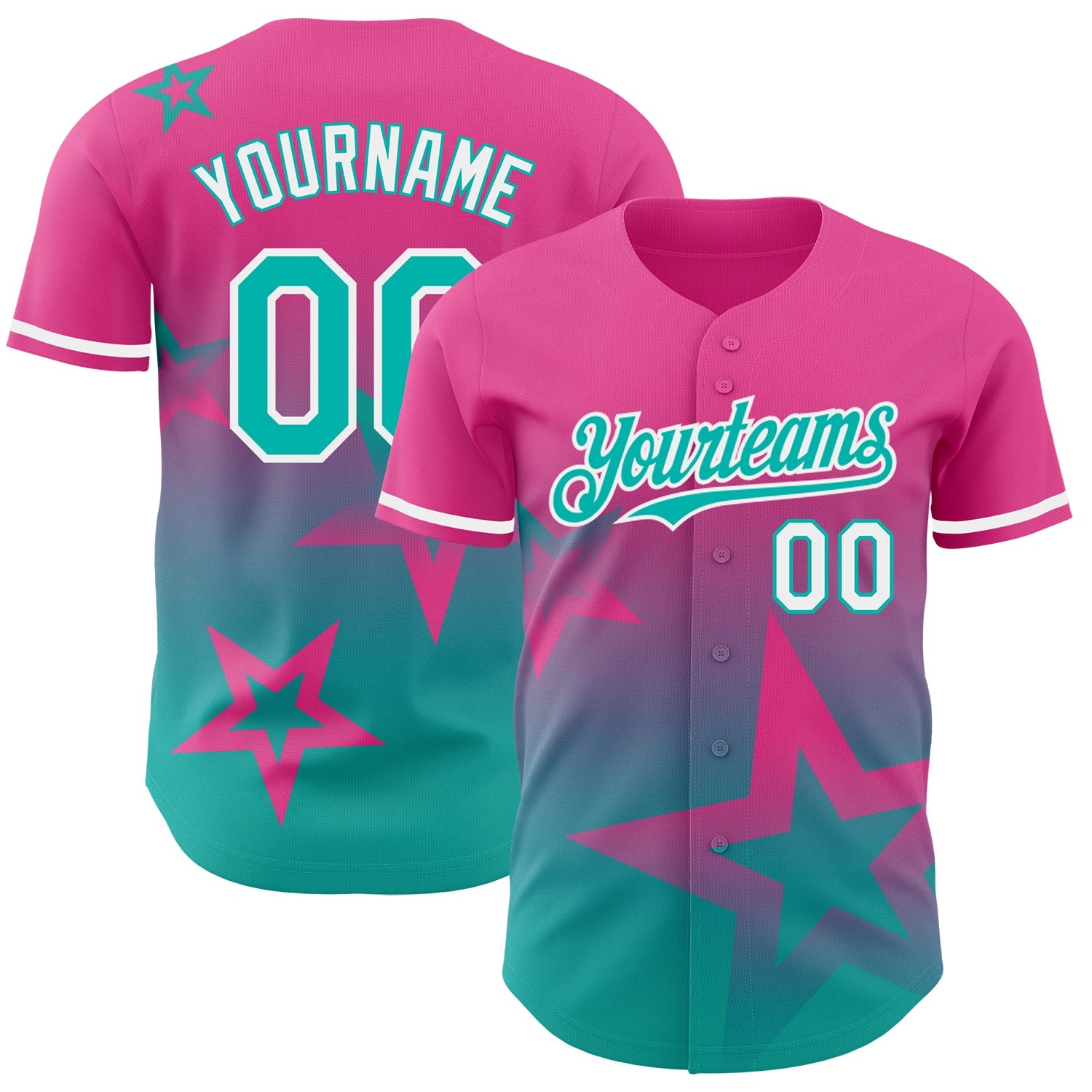 Custom Pink Aqua-White 3D Pattern Design Gradient Style Twinkle Star Authentic Baseball Jersey - Main View