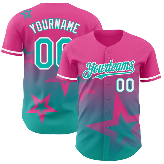 Custom Pink Aqua-White 3D Pattern Design Gradient Style Twinkle Star Authentic Baseball Jersey - Main View