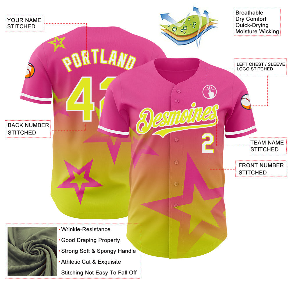 Custom Pink Neon Yellow-White 3D Pattern Design Gradient Style Twinkle Star Authentic Baseball Jersey view 3