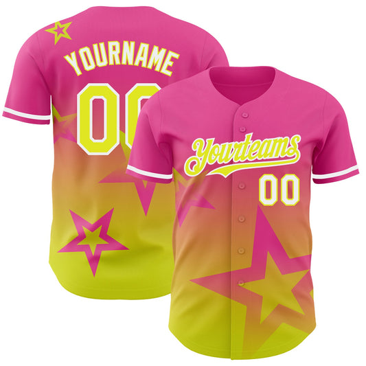 Custom Pink Neon Yellow-White 3D Pattern Design Gradient Style Twinkle Star Authentic Baseball Jersey - Main View
