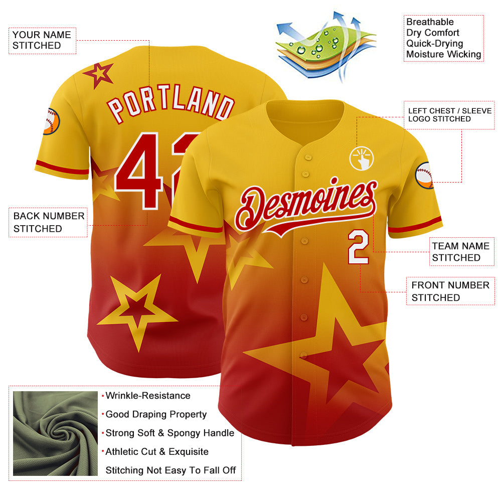 Custom Yellow Red-White 3D Pattern Design Gradient Style Twinkle Star Authentic Baseball Jersey view 3