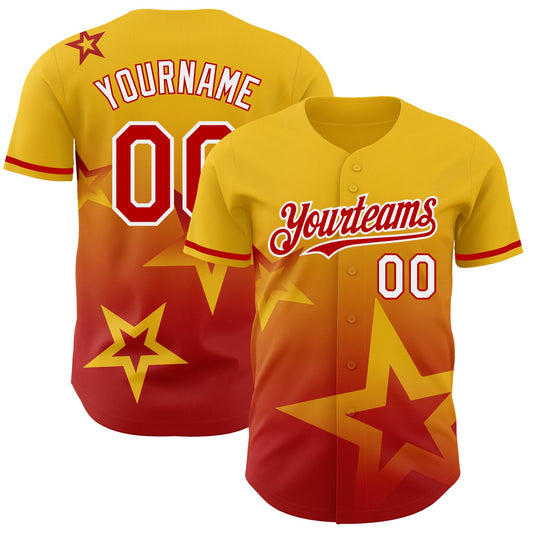 Custom Yellow Red-White 3D Pattern Design Gradient Style Twinkle Star Authentic Baseball Jersey - Main View