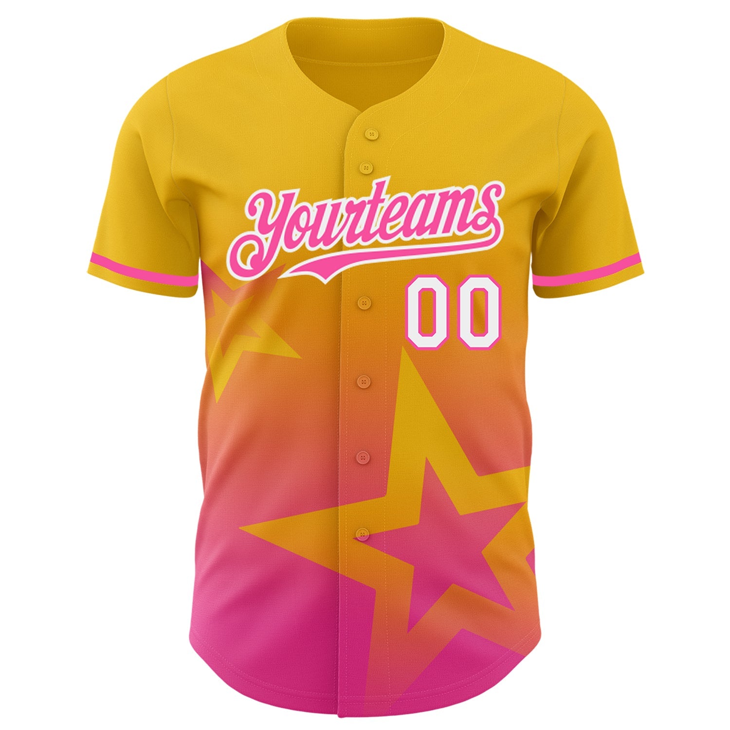 Custom Yellow Pink-White 3D Pattern Design Gradient Style Twinkle Star Authentic Baseball Jersey view 2