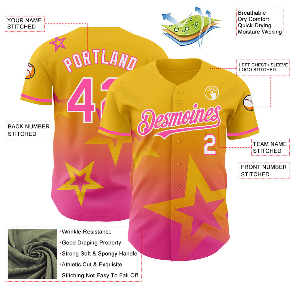 Custom Yellow Pink-White 3D Pattern Design Gradient Style Twinkle Star Authentic Baseball Jersey view 3
