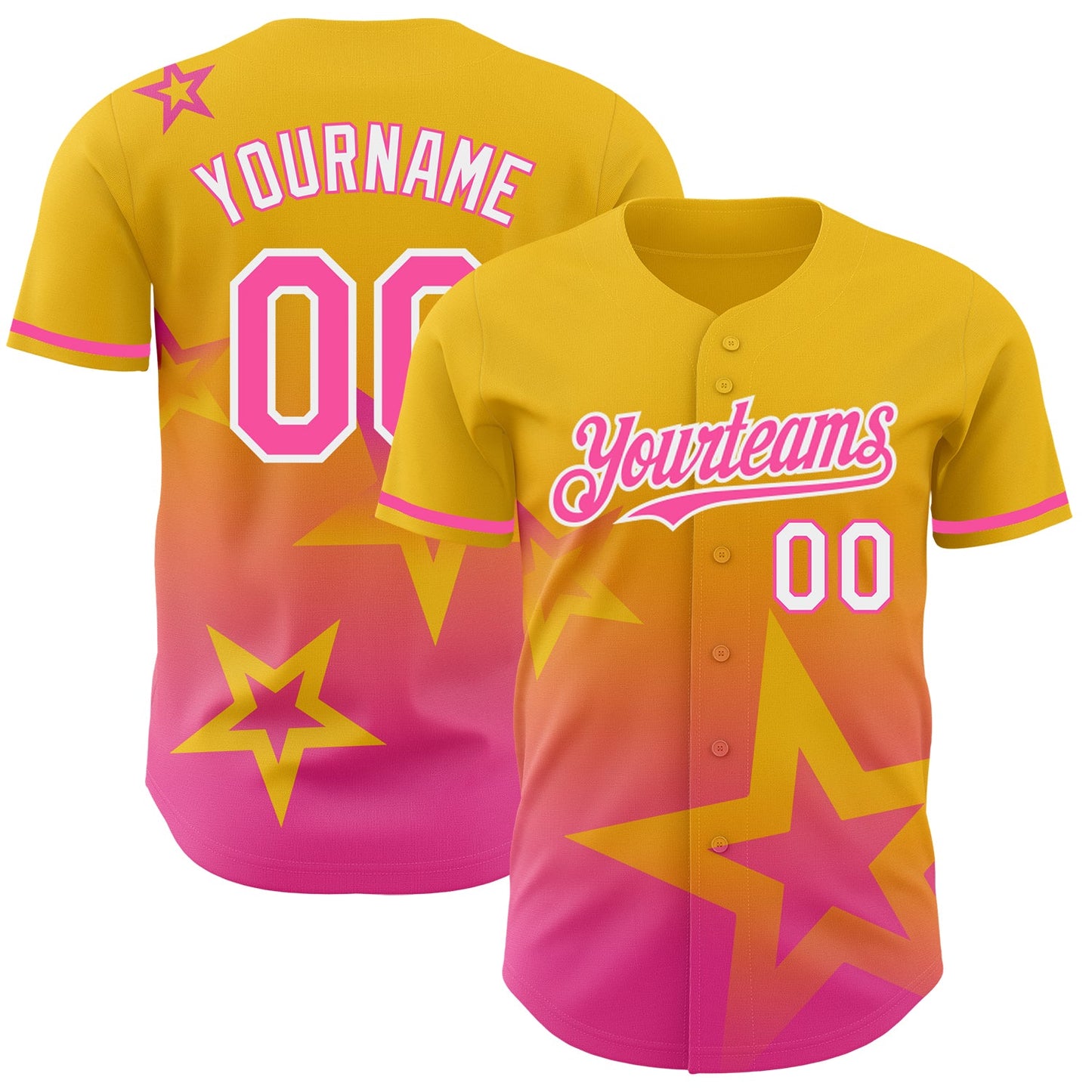 Custom Yellow Pink-White 3D Pattern Design Gradient Style Twinkle Star Authentic Baseball Jersey - Main View
