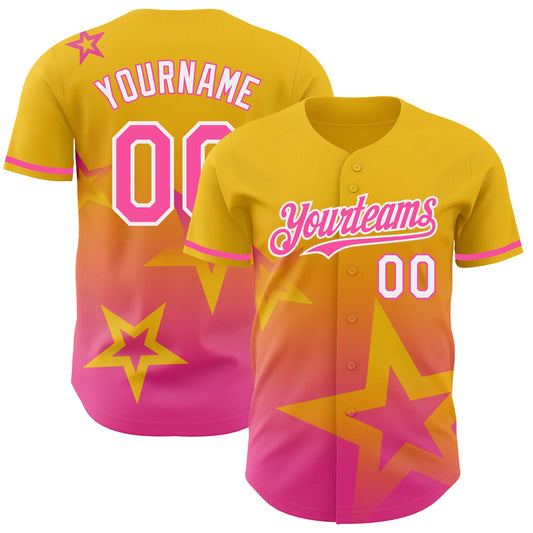 Custom Yellow Pink-White 3D Pattern Design Gradient Style Twinkle Star Authentic Baseball Jersey - Main View
