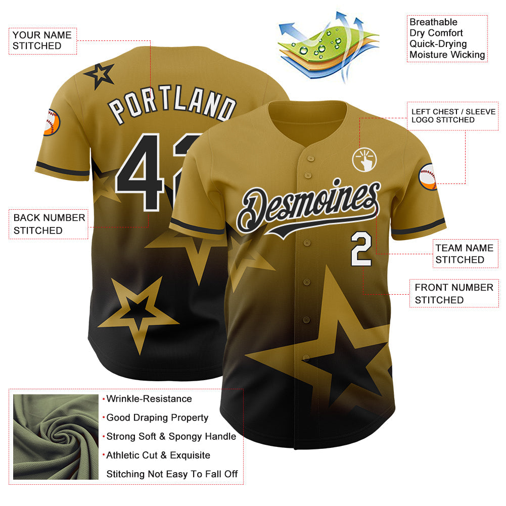 Custom Old Gold Black-White 3D Pattern Design Gradient Style Twinkle Star Authentic Baseball Jersey view 3
